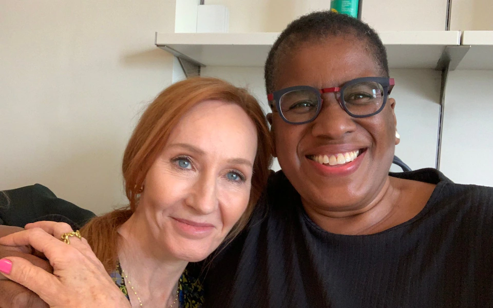 Image shows author JK Rowling sitting next to barrister Allison Bailey.